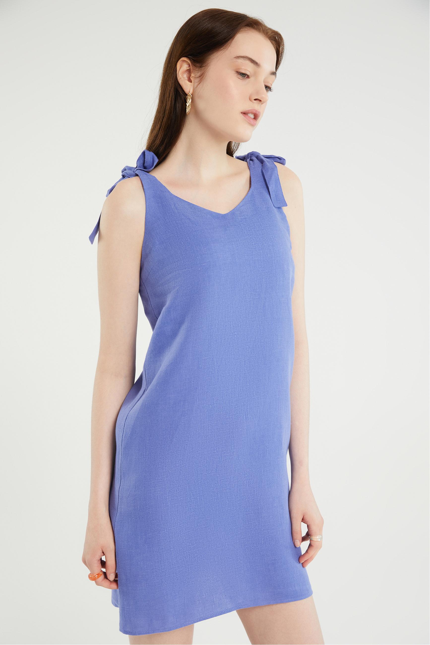 BAĞLAMA DETAYLI A FORM MİNİ KETEN ELBİSE