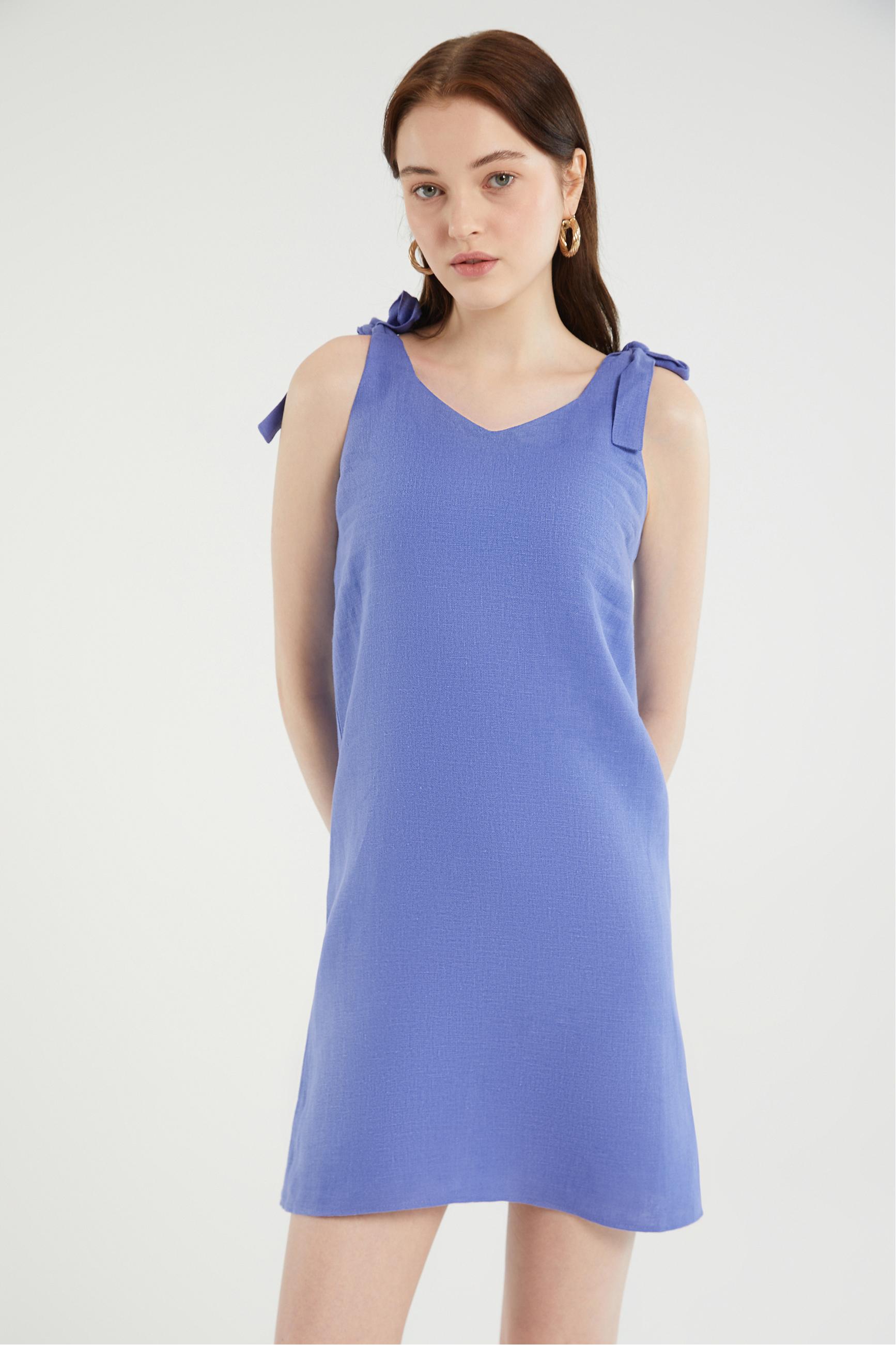 BAĞLAMA DETAYLI A FORM MİNİ KETEN ELBİSE