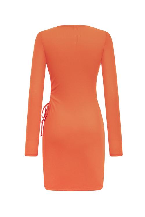  BELİ BÜZGÜLÜ UZUN KOLLU MİNİ ELBİSE