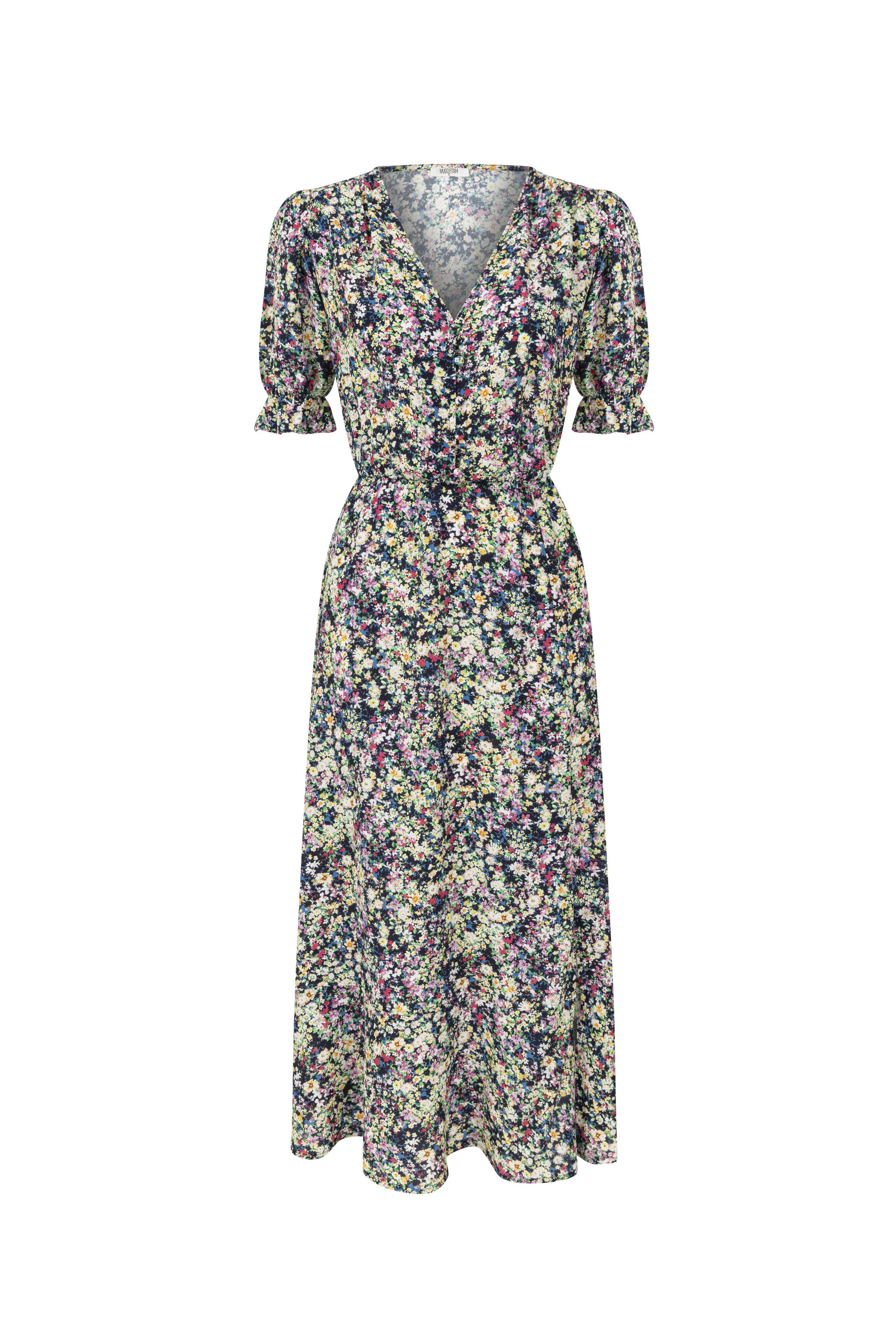 ÇİÇEK DESENLİ YIRTMAÇLI UZUN ELBİSE