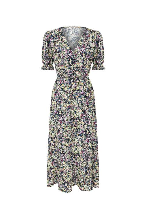  ÇİÇEK DESENLİ YIRTMAÇLI UZUN ELBİSE