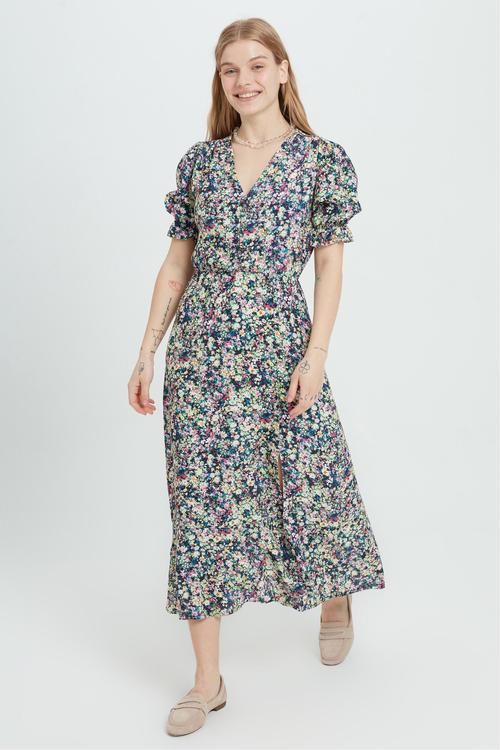  ÇİÇEK DESENLİ YIRTMAÇLI UZUN ELBİSE