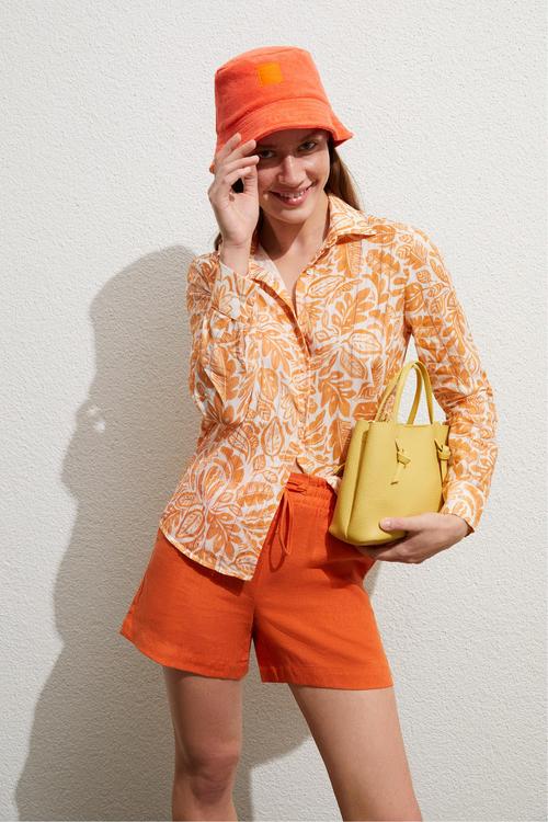  BAĞLAMA DETAYLI MİNİ KETEN ŞORT