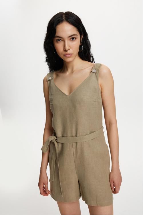  KUŞAKLI KOLSUZ MİNİ KETEN TULUM