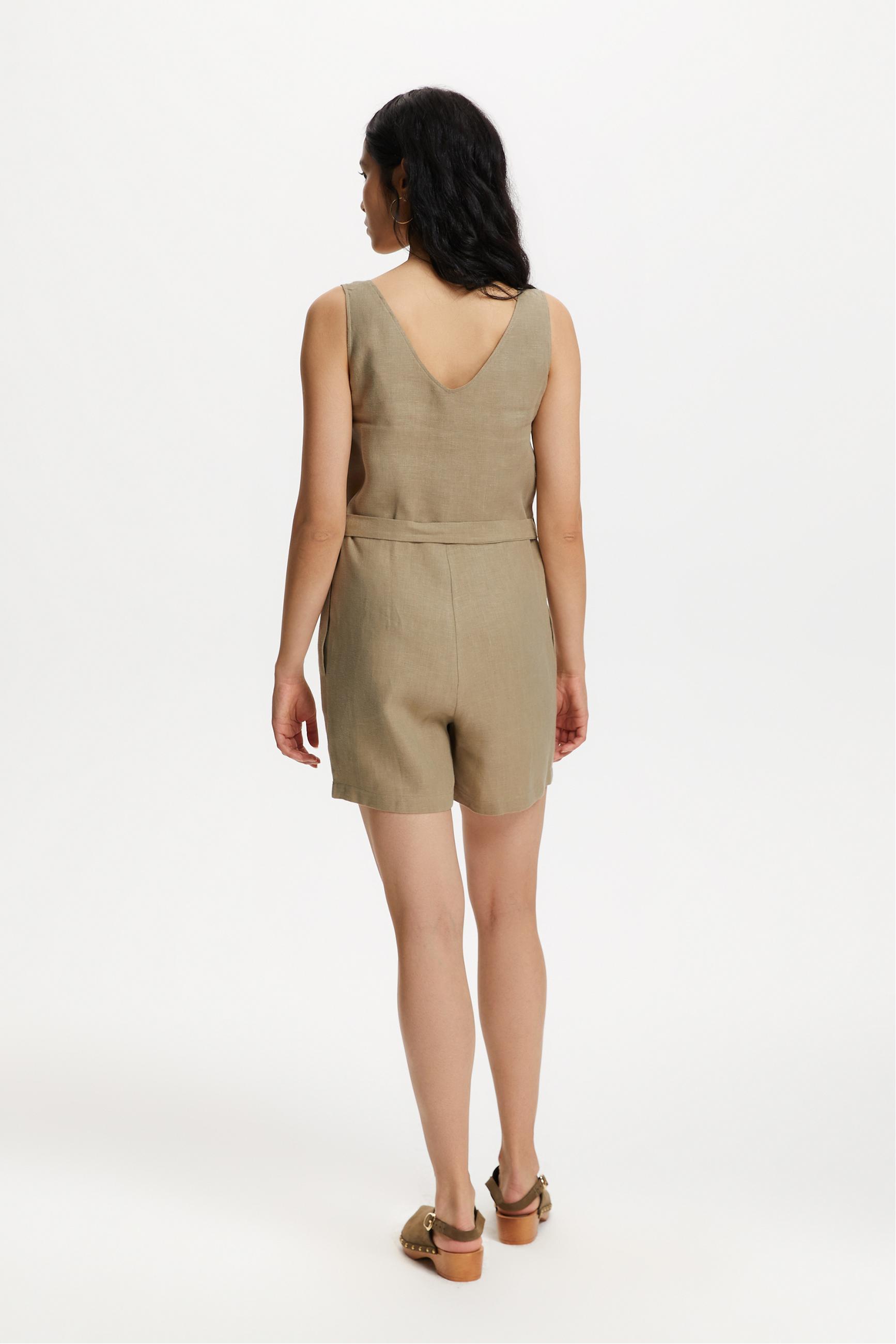 KUŞAKLI KOLSUZ MİNİ KETEN TULUM