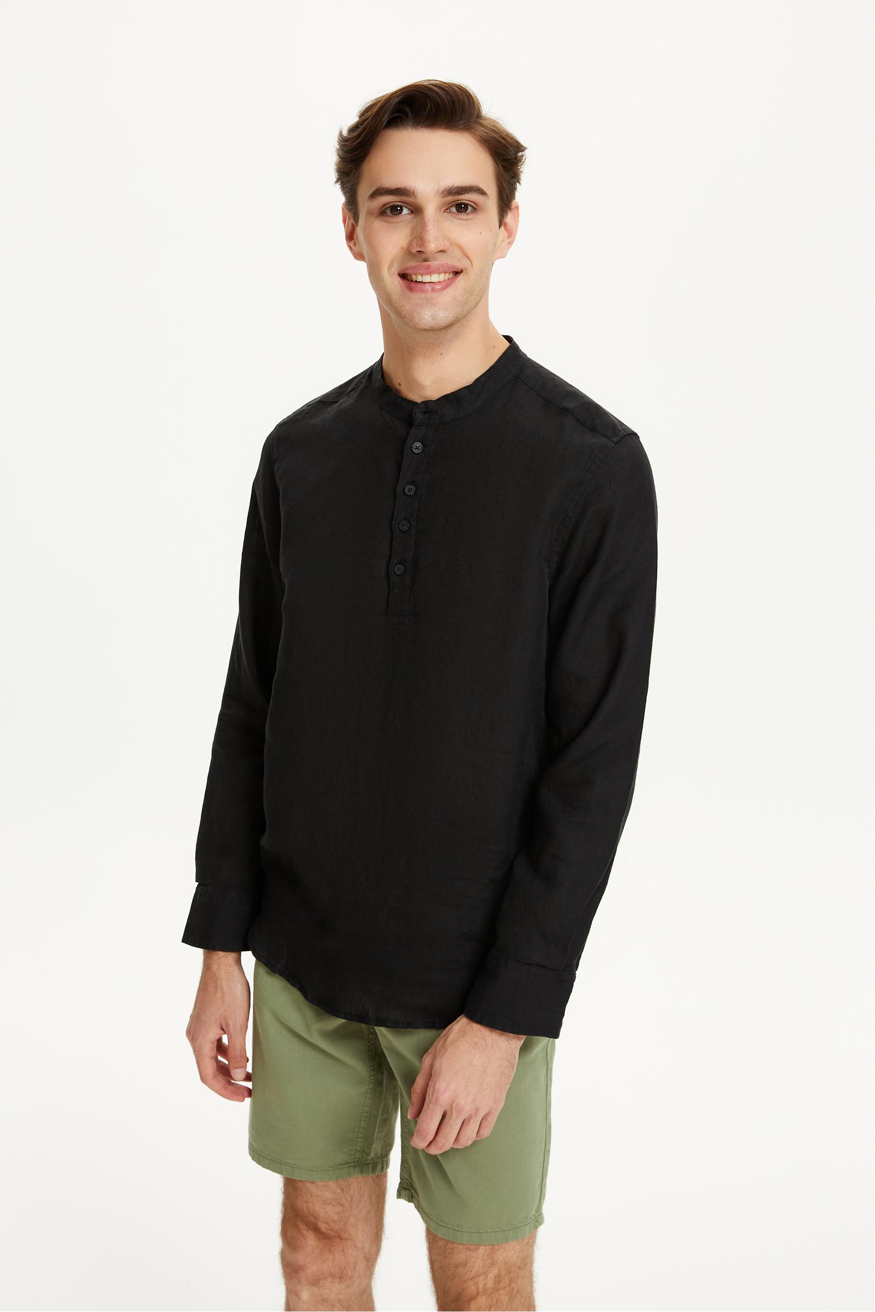 YARIM DÜĞMELİ HAKİM YAKA KETEN GÖMLEK