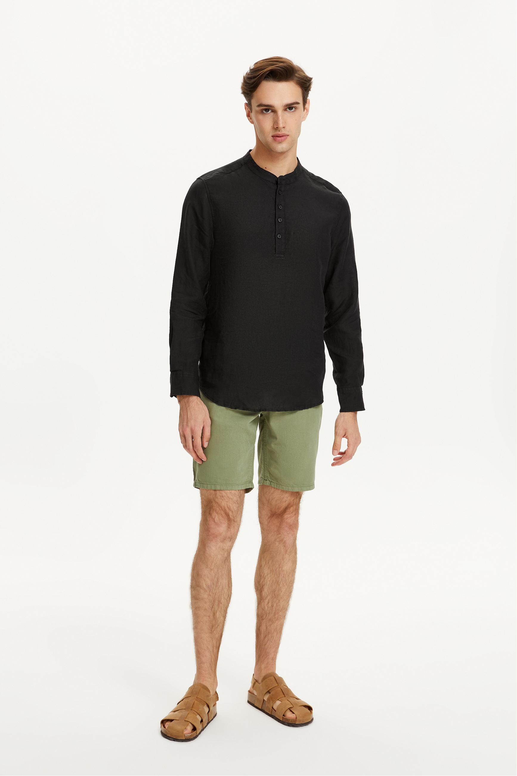 YARIM DÜĞMELİ HAKİM YAKA KETEN GÖMLEK