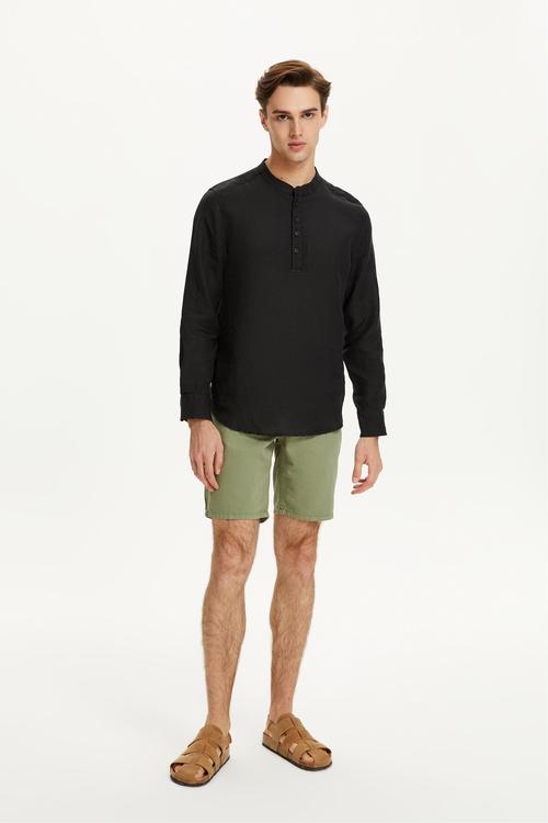  YARIM DÜĞMELİ HAKİM YAKA KETEN GÖMLEK