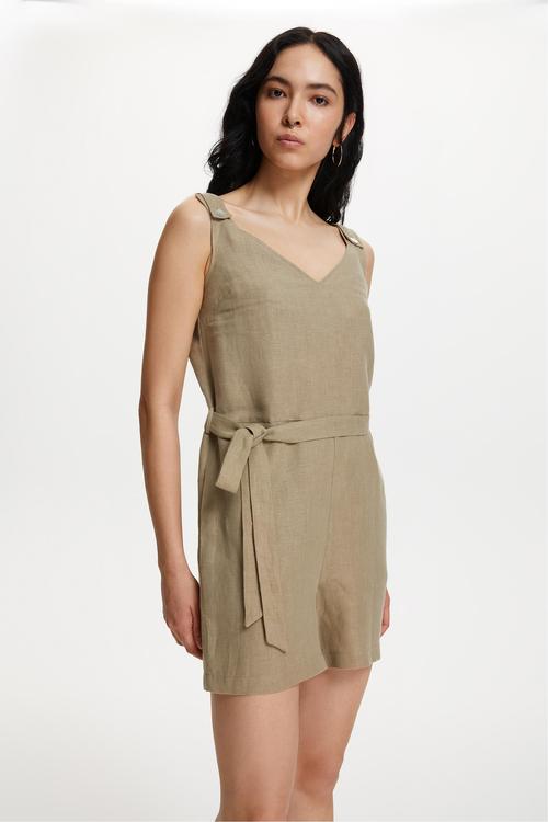  KUŞAKLI KOLSUZ MİNİ KETEN TULUM