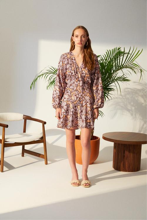  ÇİÇEK DESENLİ KRUVAZE MİNİ ELBİSE