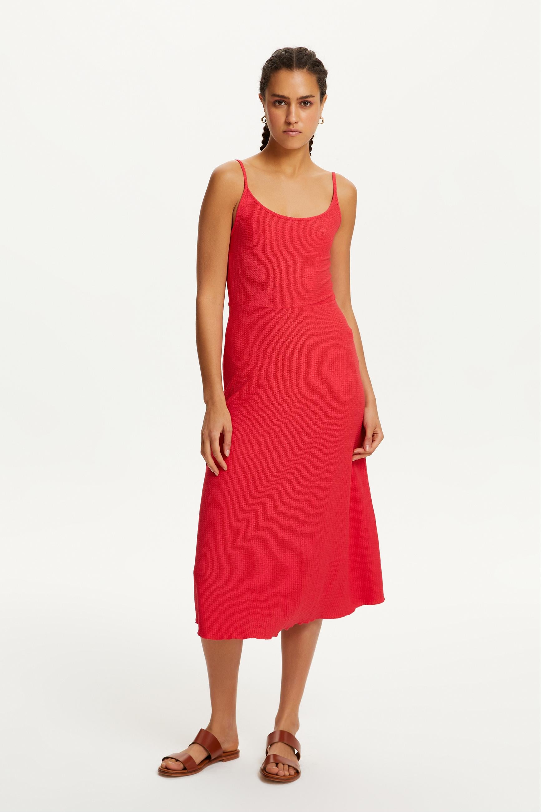 ASKILI DÜZ KESİM MİDİ ELBİSE