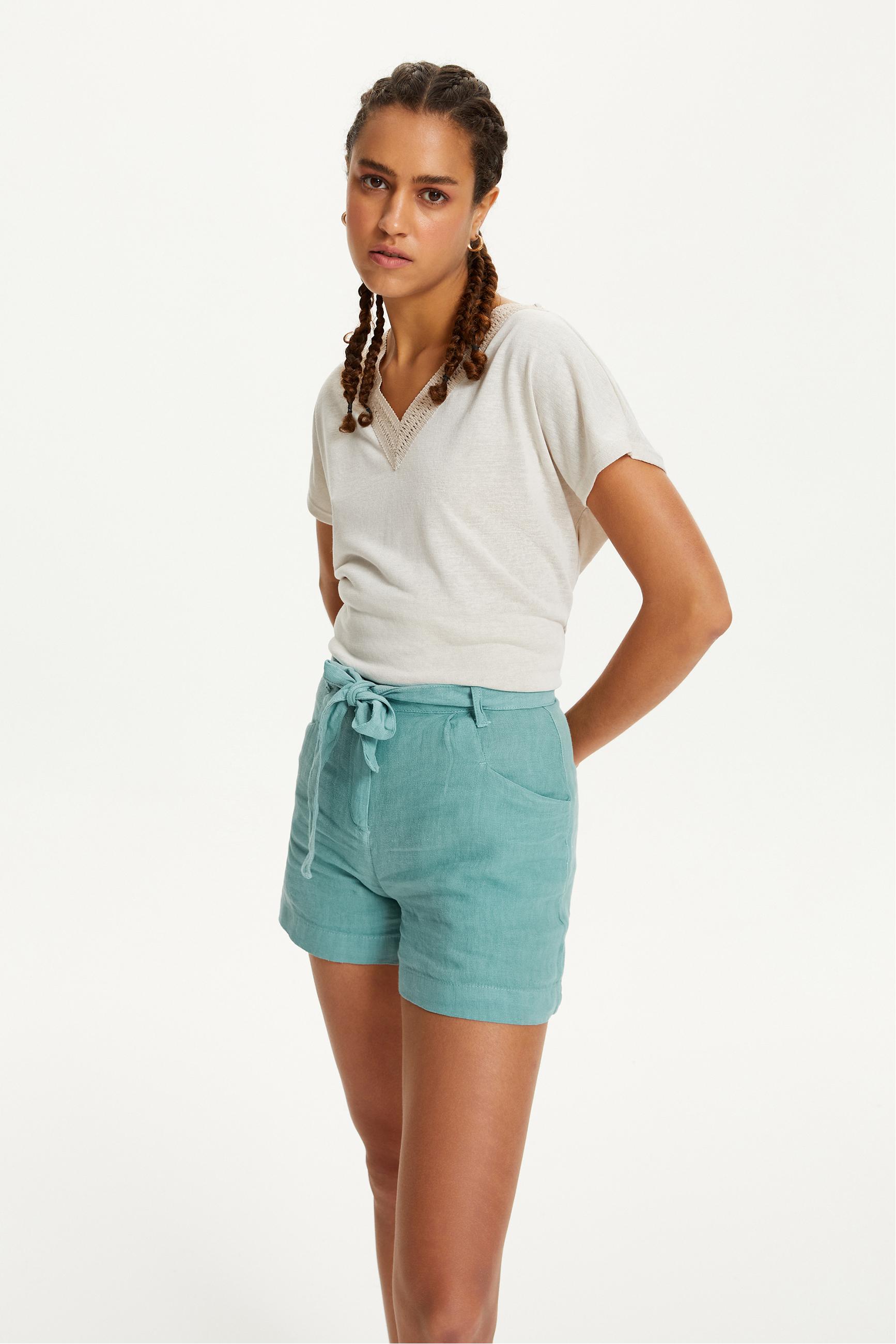 KUŞAKLI MİNİ KETEN ŞORT