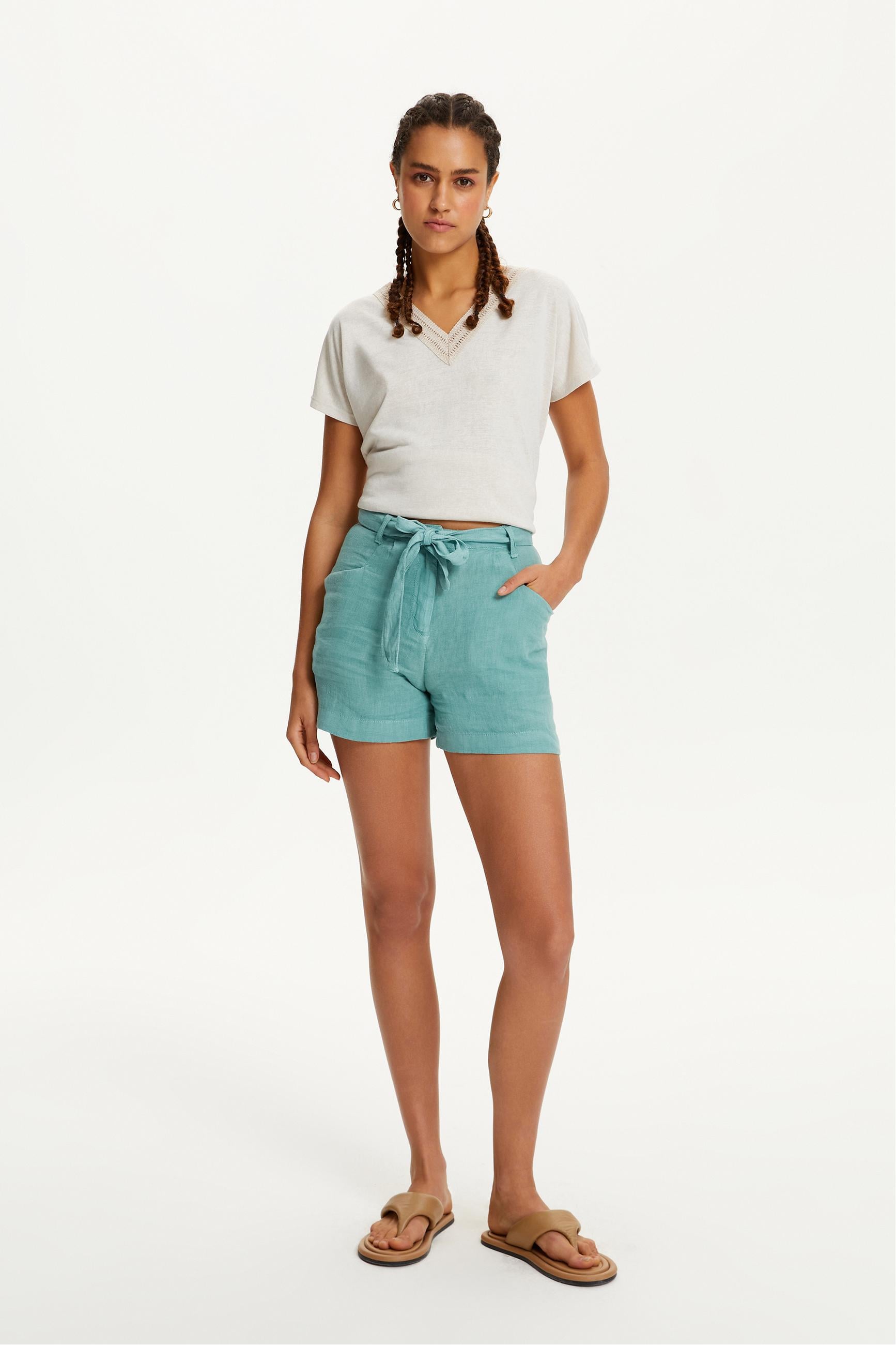 KUŞAKLI MİNİ KETEN ŞORT