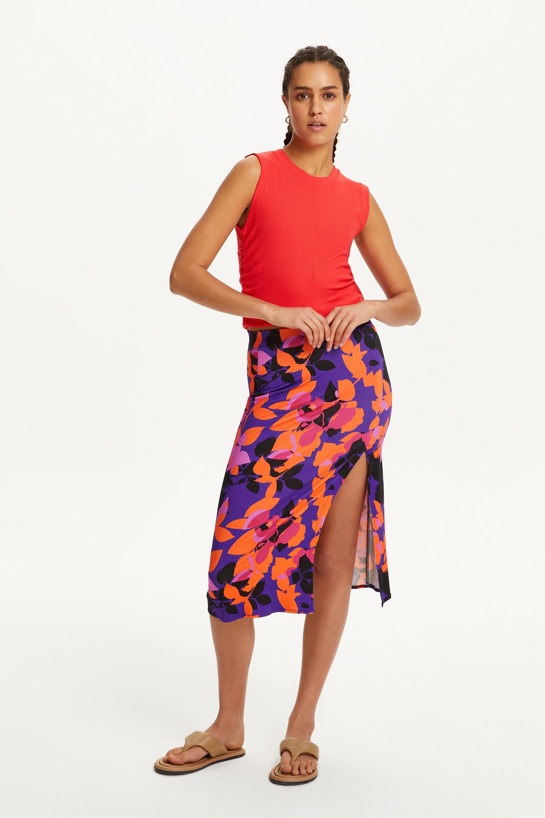 ÇİÇEK DESENLİ YIRTMAÇLI MİDİ ETEK