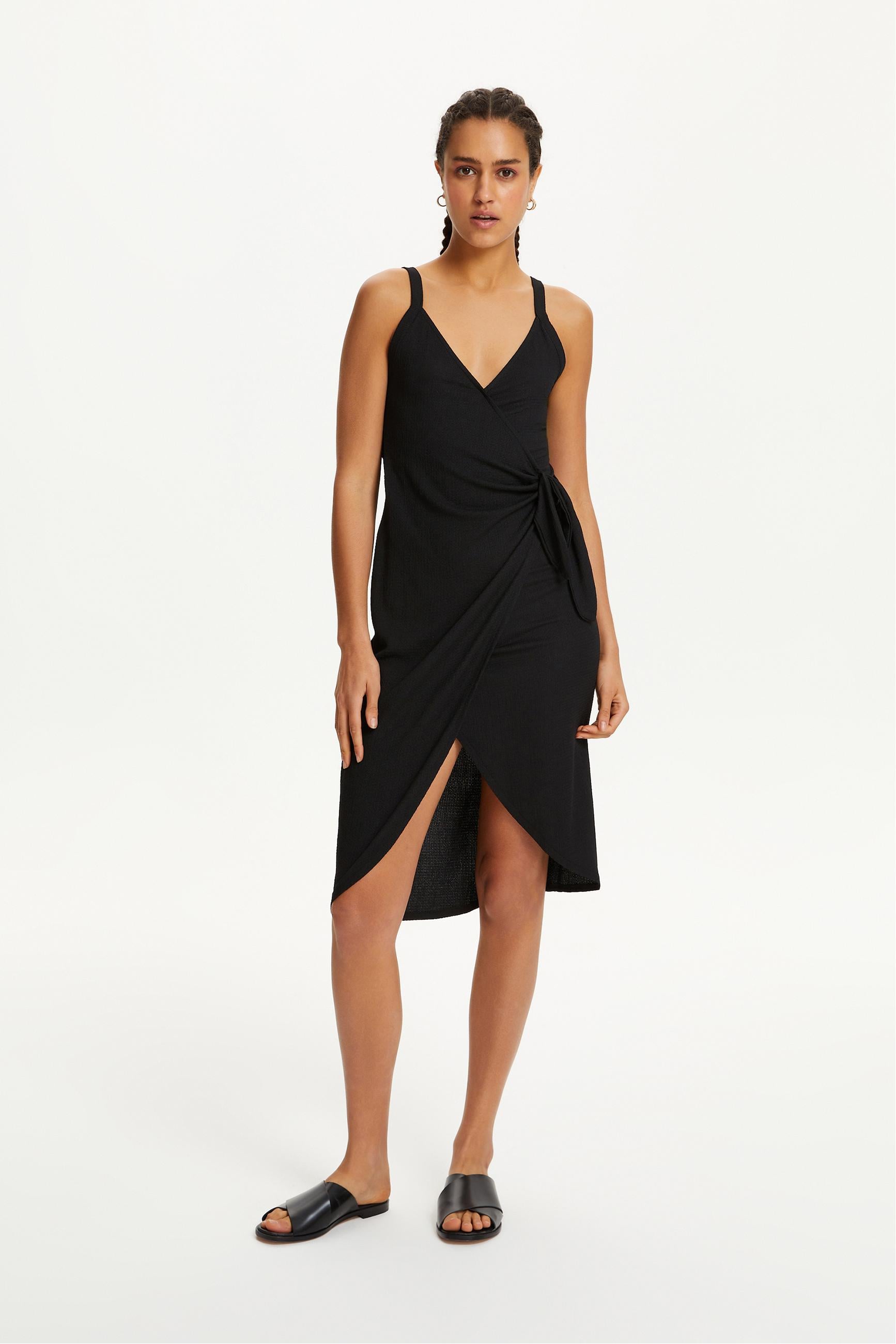 DOKULU KRUVAZE KESİM MİDİ ELBİSE