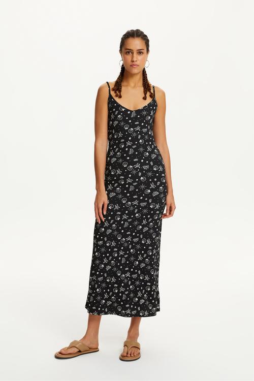  MARİN DESENLİ ASKILI UZUN ELBİSE