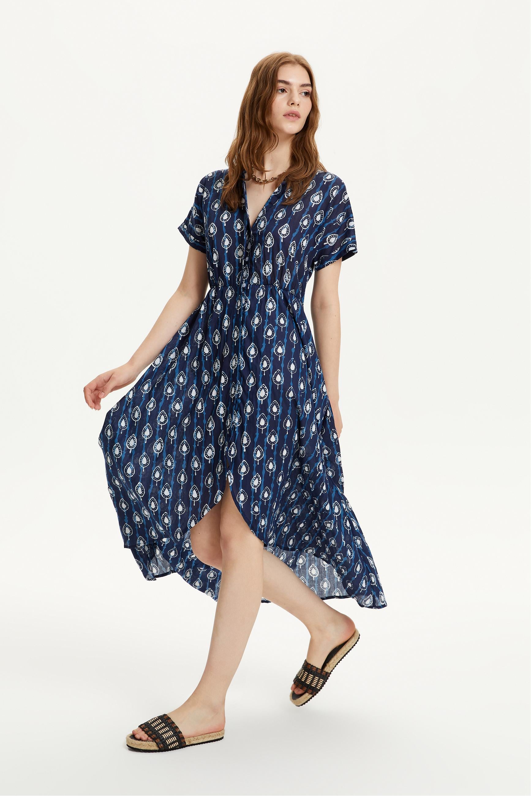 ETNİK DESENLİ KISA KOLLU MİDİ ELBİSE