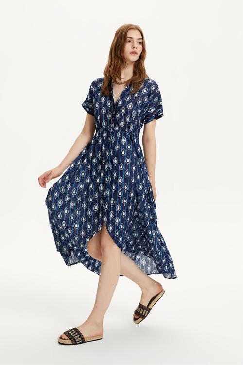  ETNİK DESENLİ KISA KOLLU MİDİ ELBİSE