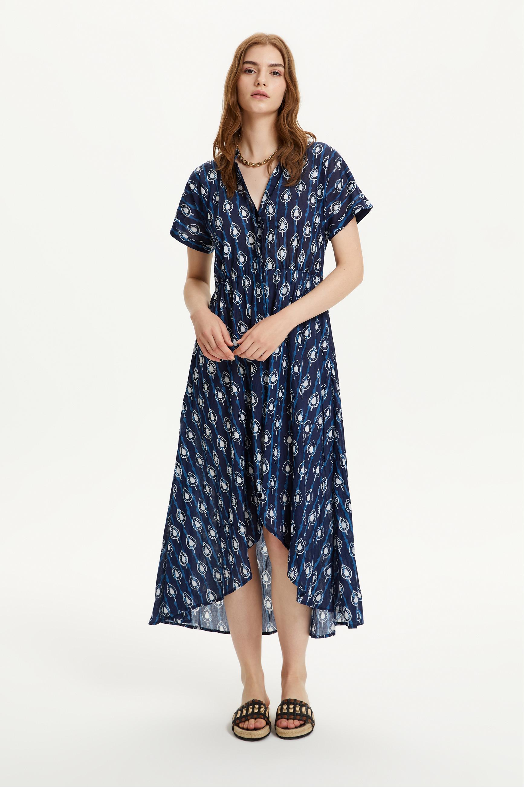 ETNİK DESENLİ KISA KOLLU MİDİ ELBİSE