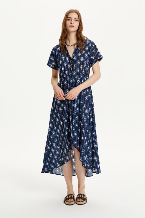  ETNİK DESENLİ KISA KOLLU MİDİ ELBİSE