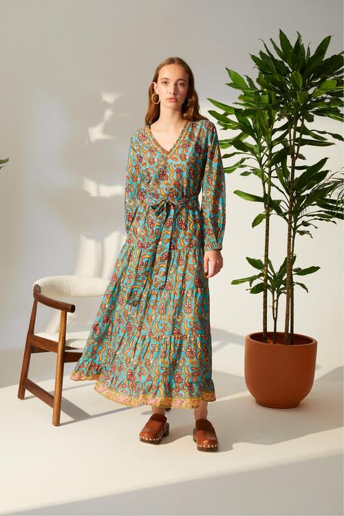  ETNİK DESENLİ UZUN ELBİSE