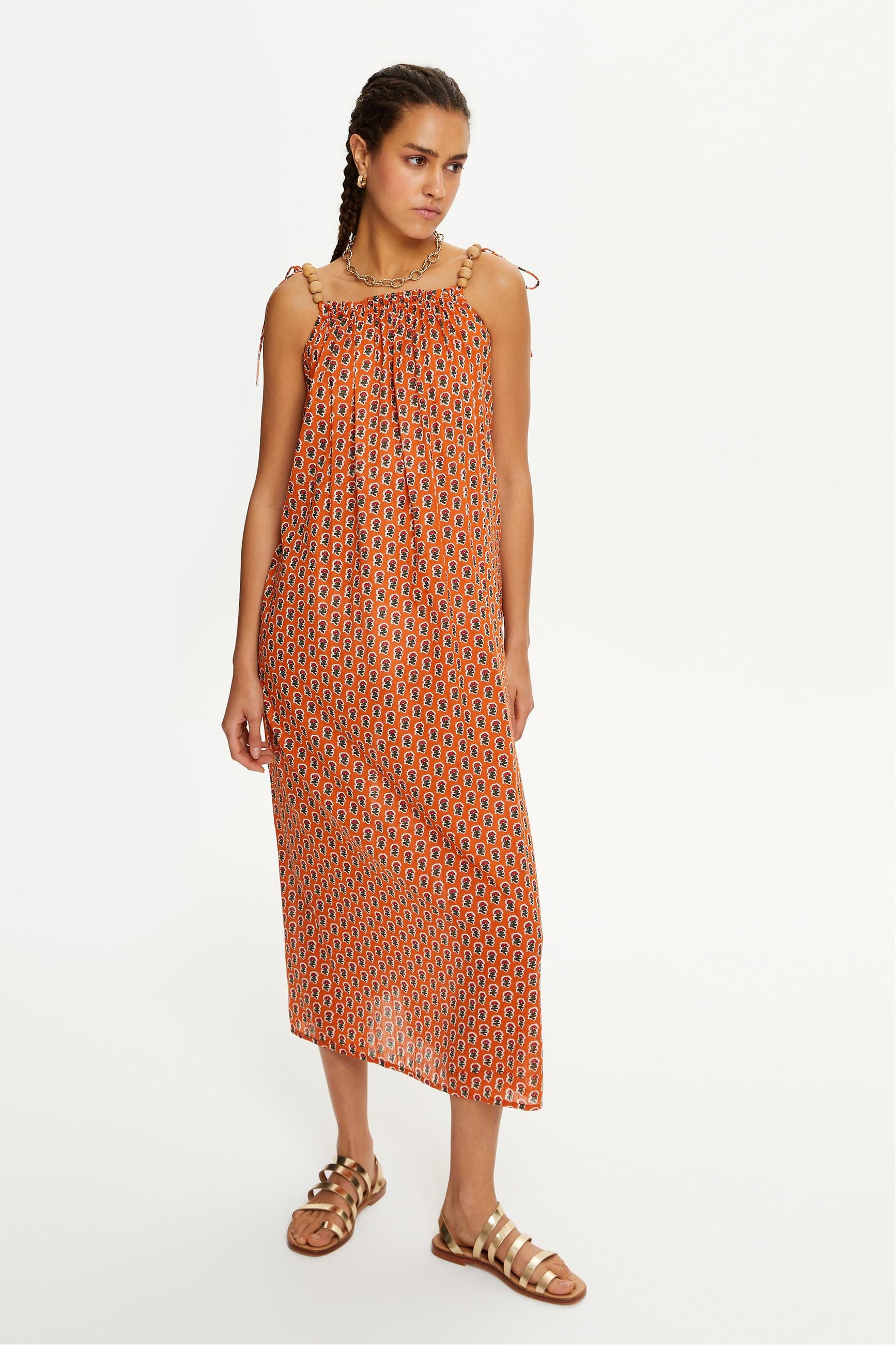 ASKILI ETNİK DESENLİ UZUN ELBİSE