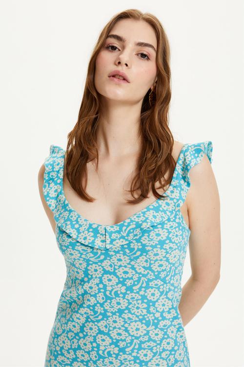  ÇİÇEK DESENLİ VOLAN DETAYLI MİNİ ELBİSE