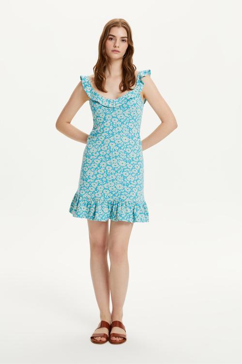  ÇİÇEK DESENLİ VOLAN DETAYLI MİNİ ELBİSE