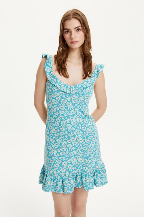  ÇİÇEK DESENLİ VOLAN DETAYLI MİNİ ELBİSE