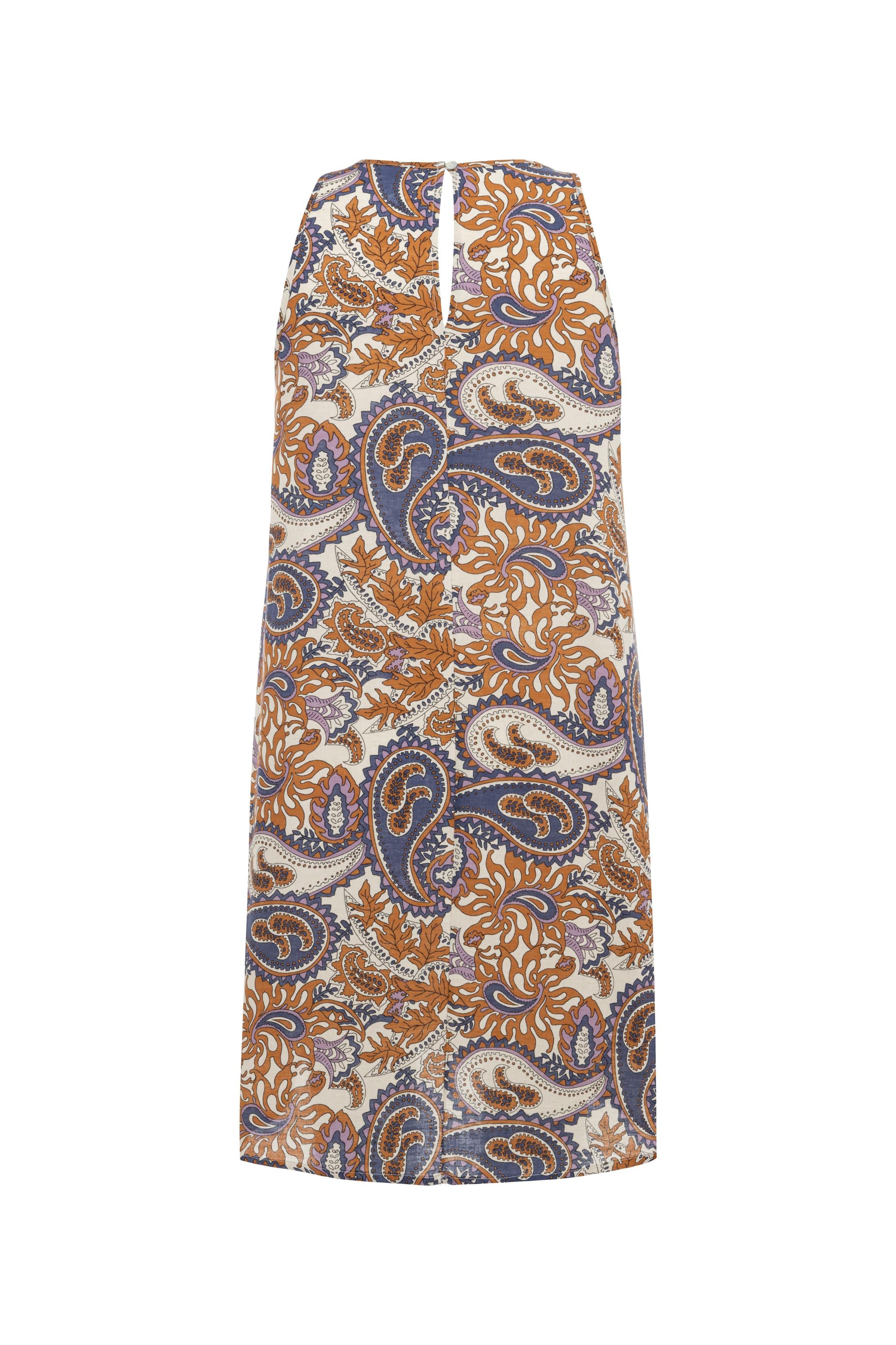 KETEN KARIŞIMLI ETNİK DESENLİ MİNİ ELBİSE