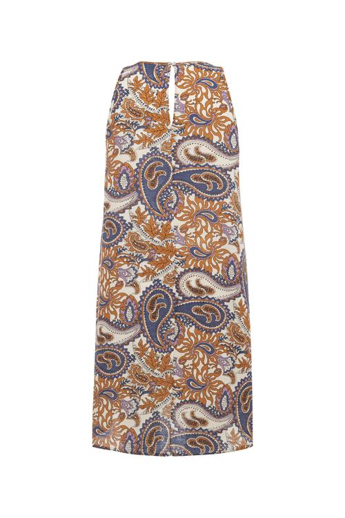  KETEN KARIŞIMLI ETNİK DESENLİ MİNİ ELBİSE