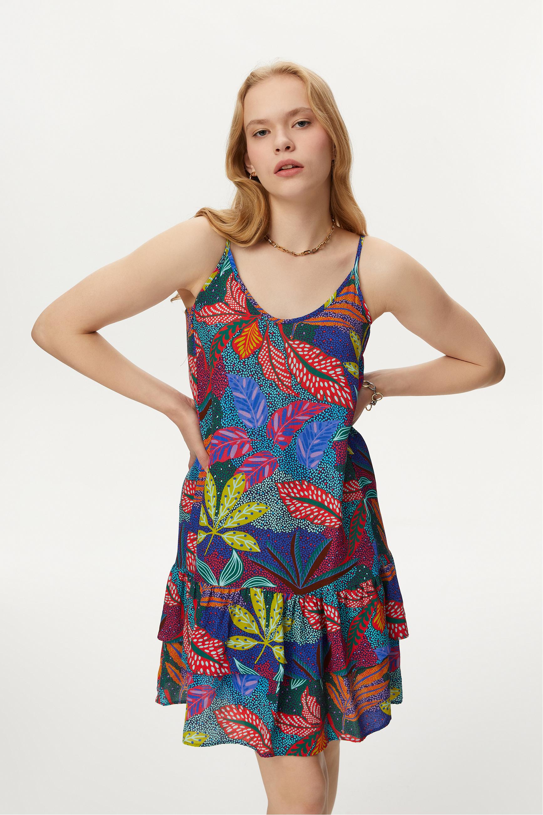 ÇİÇEK DESENLİ ASKILI MİNİ ELBİSE