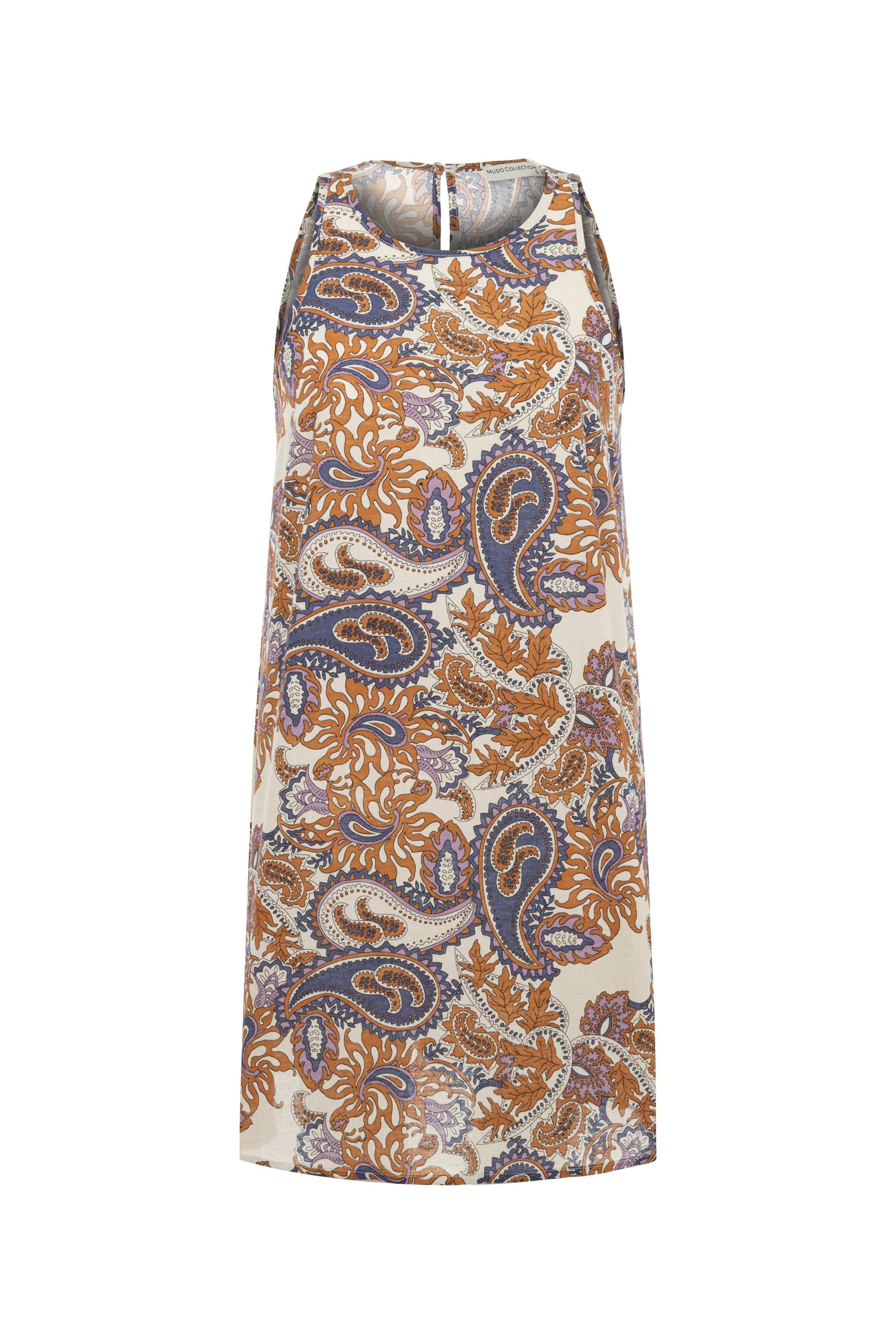 KETEN KARIŞIMLI ETNİK DESENLİ MİNİ ELBİSE