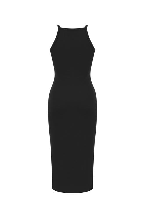  HALTER YAKA DÜZ KESİM MİDİ ELBİSE