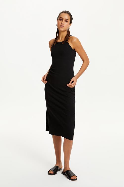  HALTER YAKA DÜZ KESİM MİDİ ELBİSE