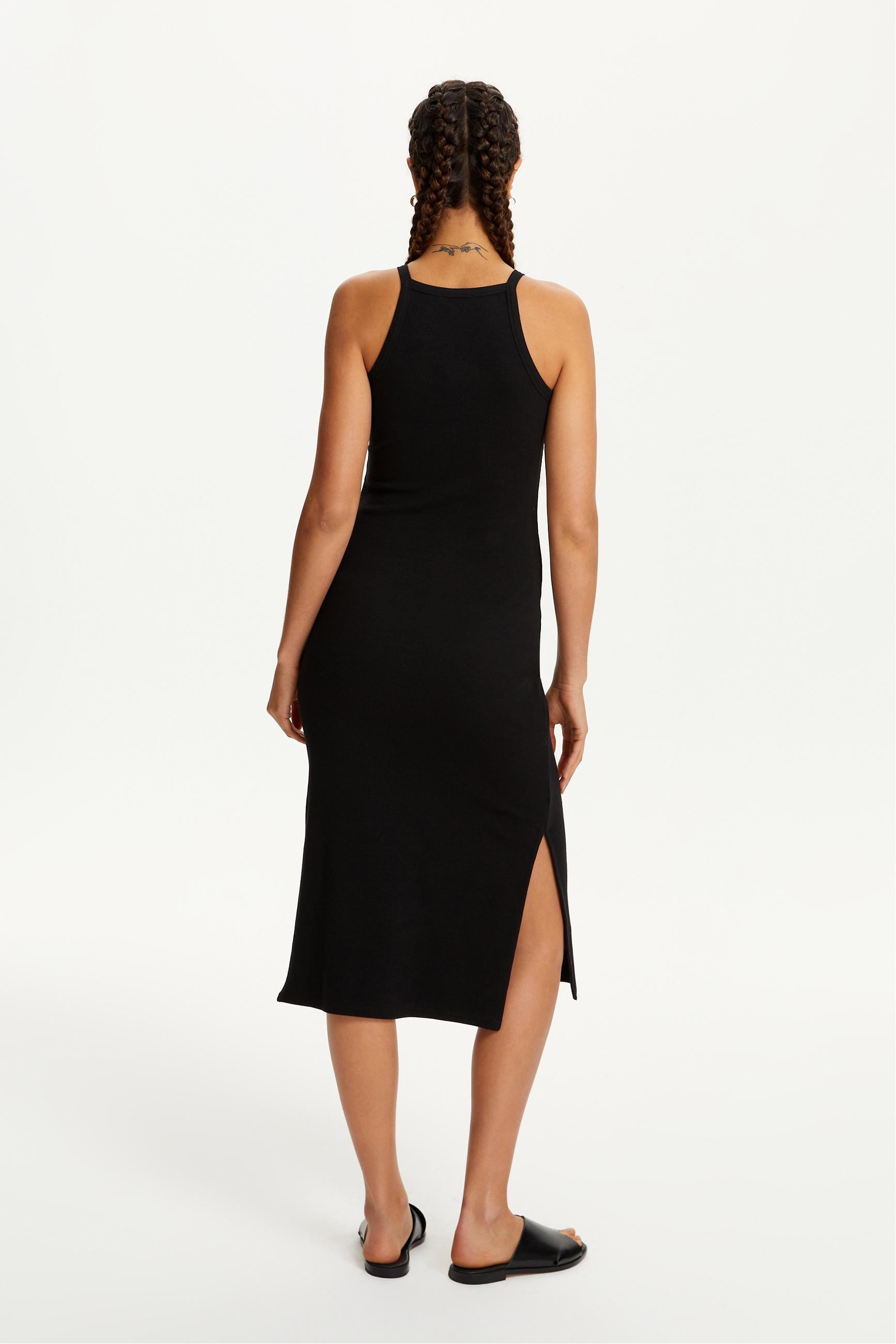 HALTER YAKA DÜZ KESİM MİDİ ELBİSE