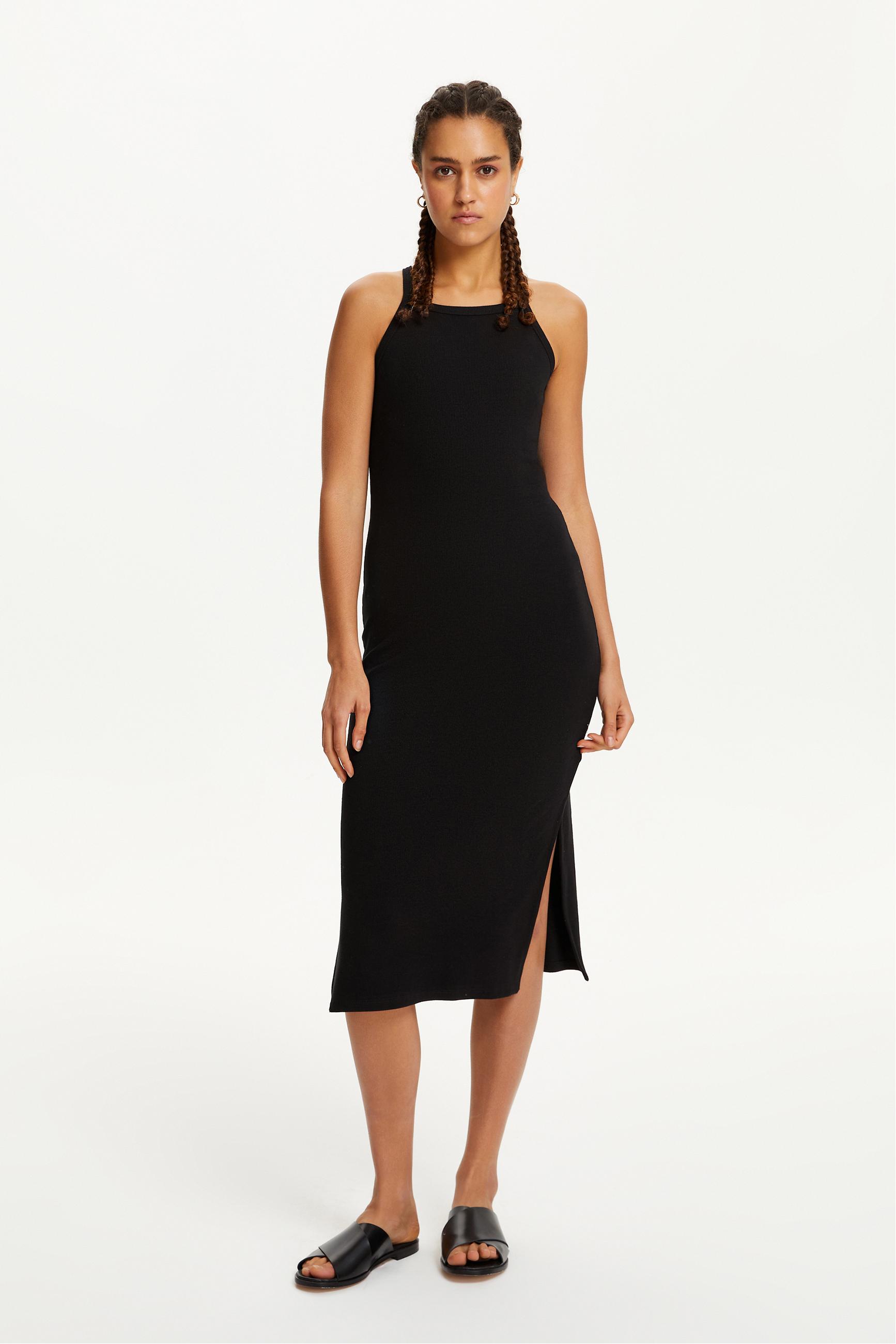 HALTER YAKA DÜZ KESİM MİDİ ELBİSE