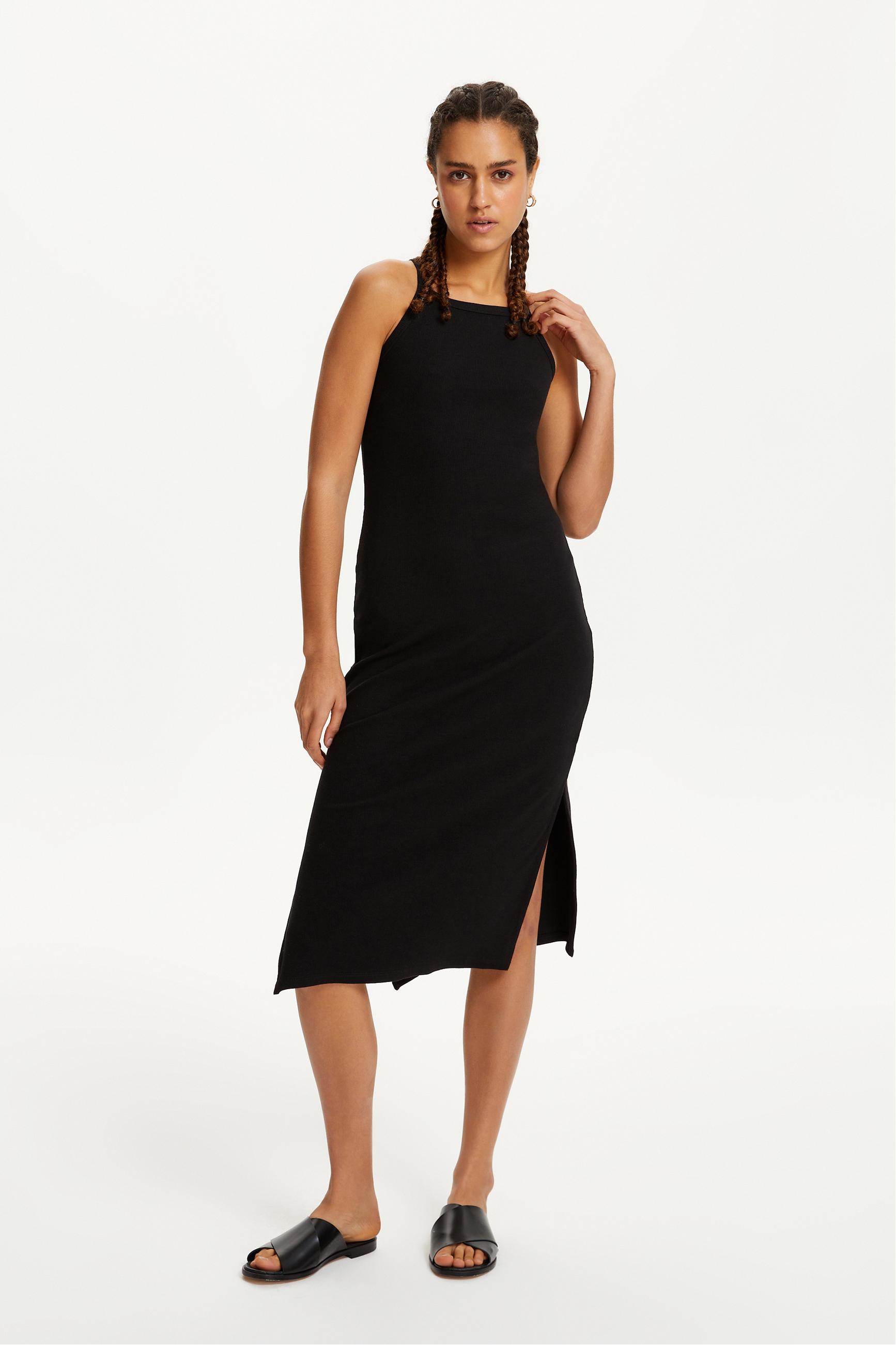 HALTER YAKA DÜZ KESİM MİDİ ELBİSE