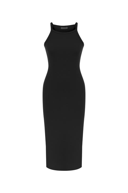  HALTER YAKA DÜZ KESİM MİDİ ELBİSE