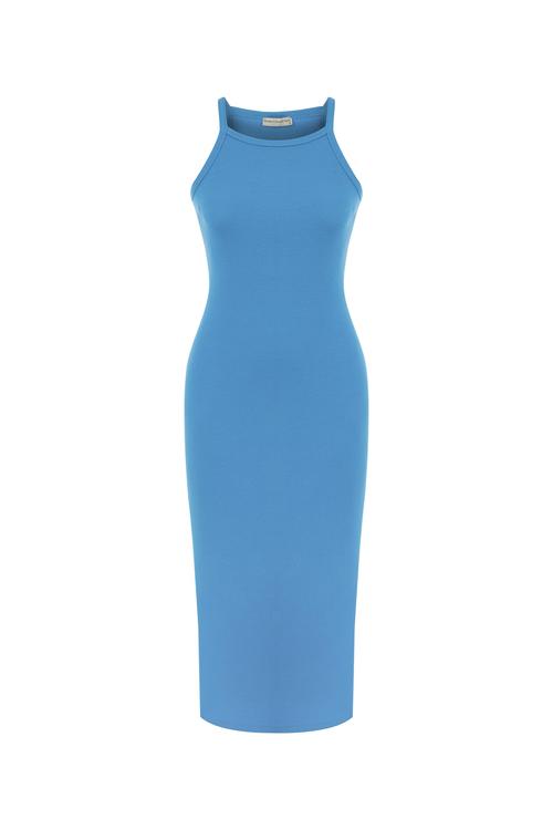  HALTER YAKA DÜZ KESİM MİDİ ELBİSE