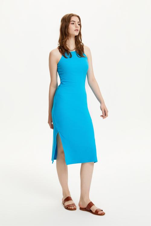  HALTER YAKA DÜZ KESİM MİDİ ELBİSE