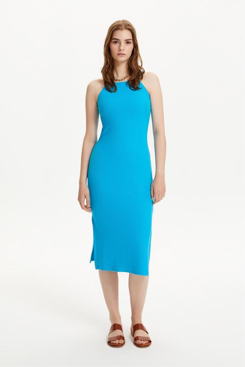  HALTER YAKA DÜZ KESİM MİDİ ELBİSE