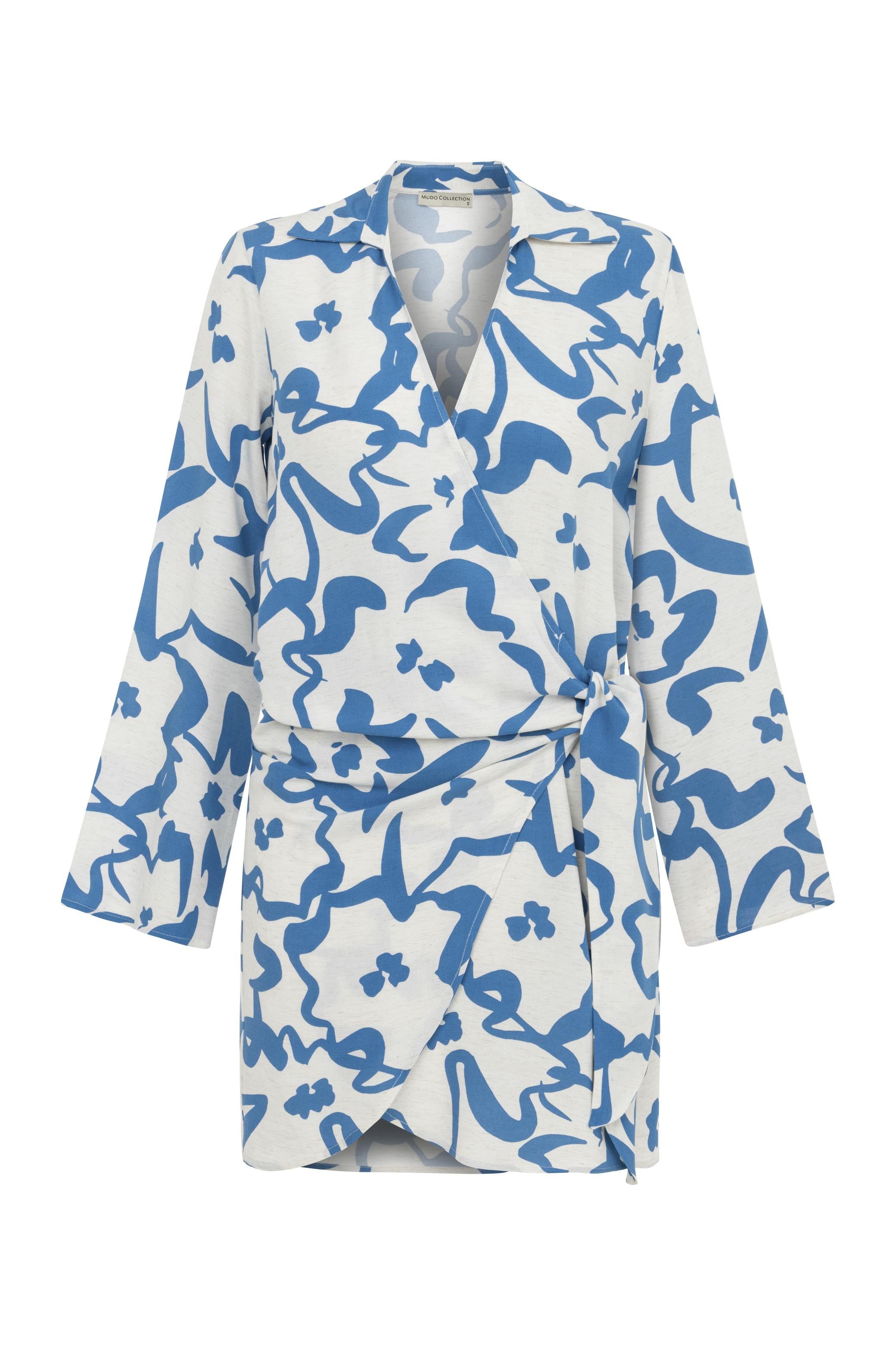 KETEN KARIŞIMLI BASKILI MİNİ KRUVAZE ELBİSE