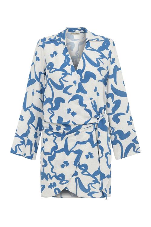  KETEN KARIŞIMLI BASKILI MİNİ KRUVAZE ELBİSE