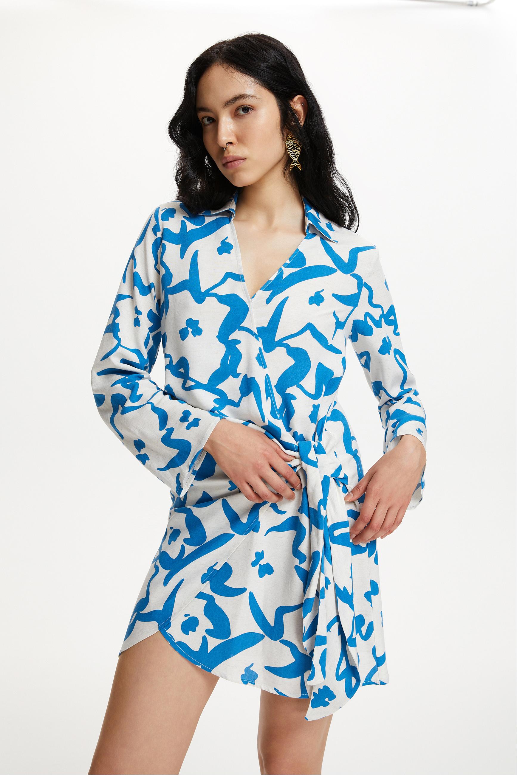 KETEN KARIŞIMLI BASKILI MİNİ KRUVAZE ELBİSE