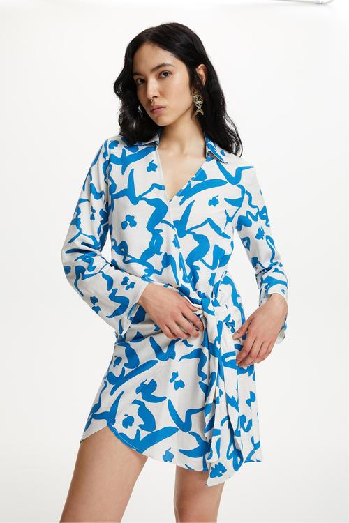  KETEN KARIŞIMLI BASKILI MİNİ KRUVAZE ELBİSE