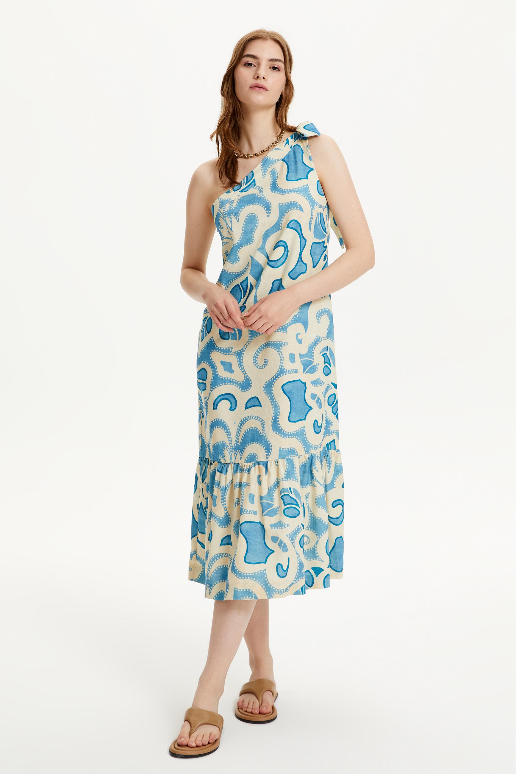 TEK OMUZ KETEN KARIŞIMLI MİDİ ELBİSE