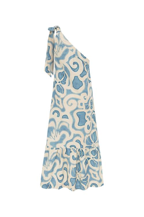  TEK OMUZ KETEN KARIŞIMLI MİDİ ELBİSE