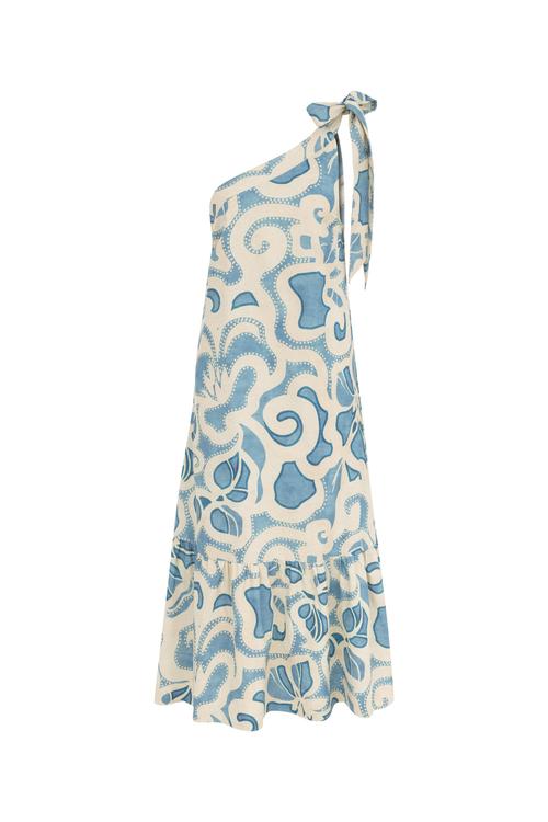  TEK OMUZ KETEN KARIŞIMLI MİDİ ELBİSE