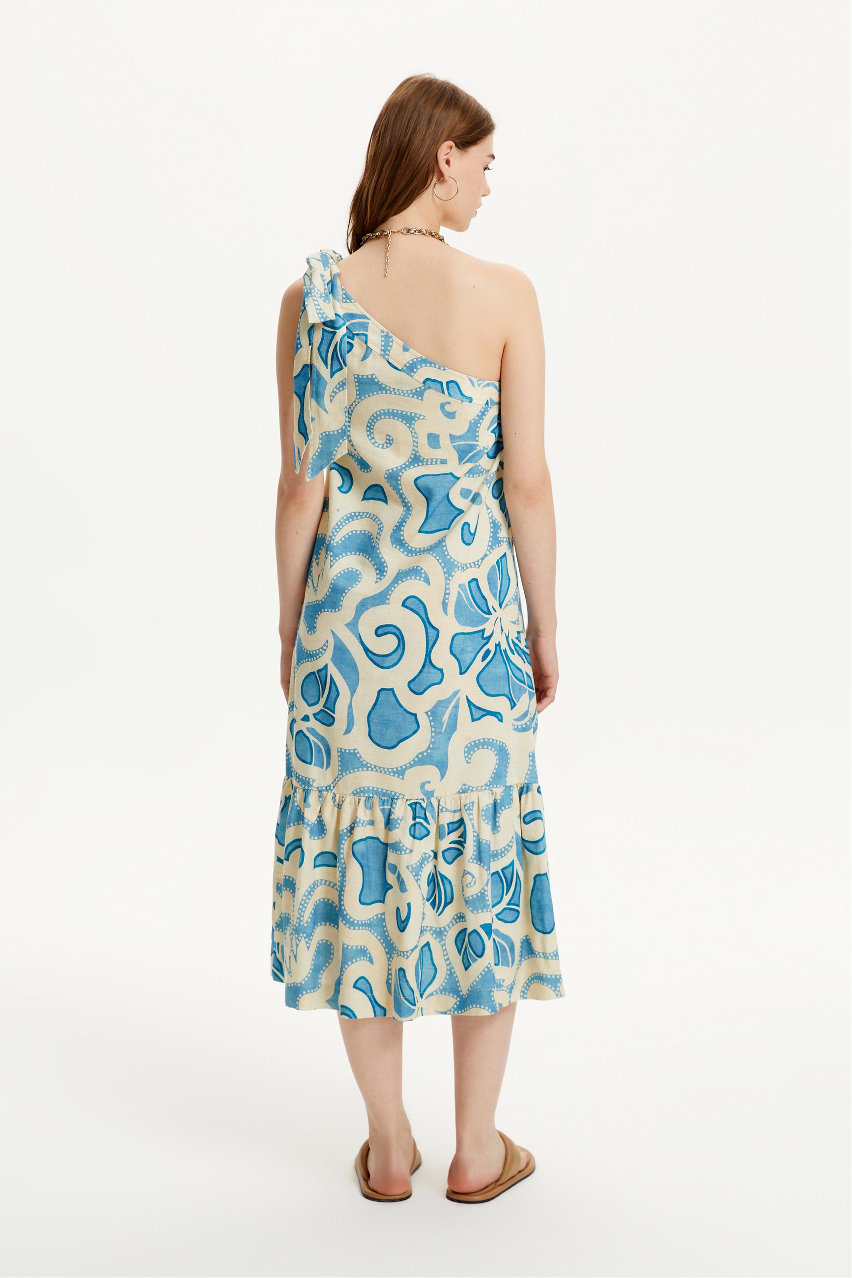 TEK OMUZ KETEN KARIŞIMLI MİDİ ELBİSE